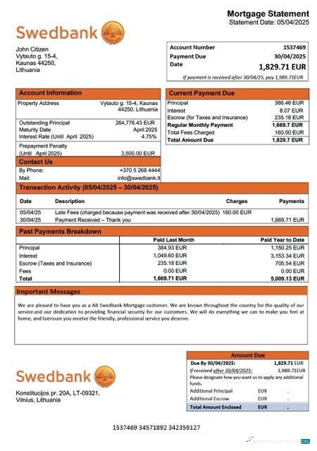 Download Lithuania AB Swedbank mortgage statement Word and PDF template Photoshop template